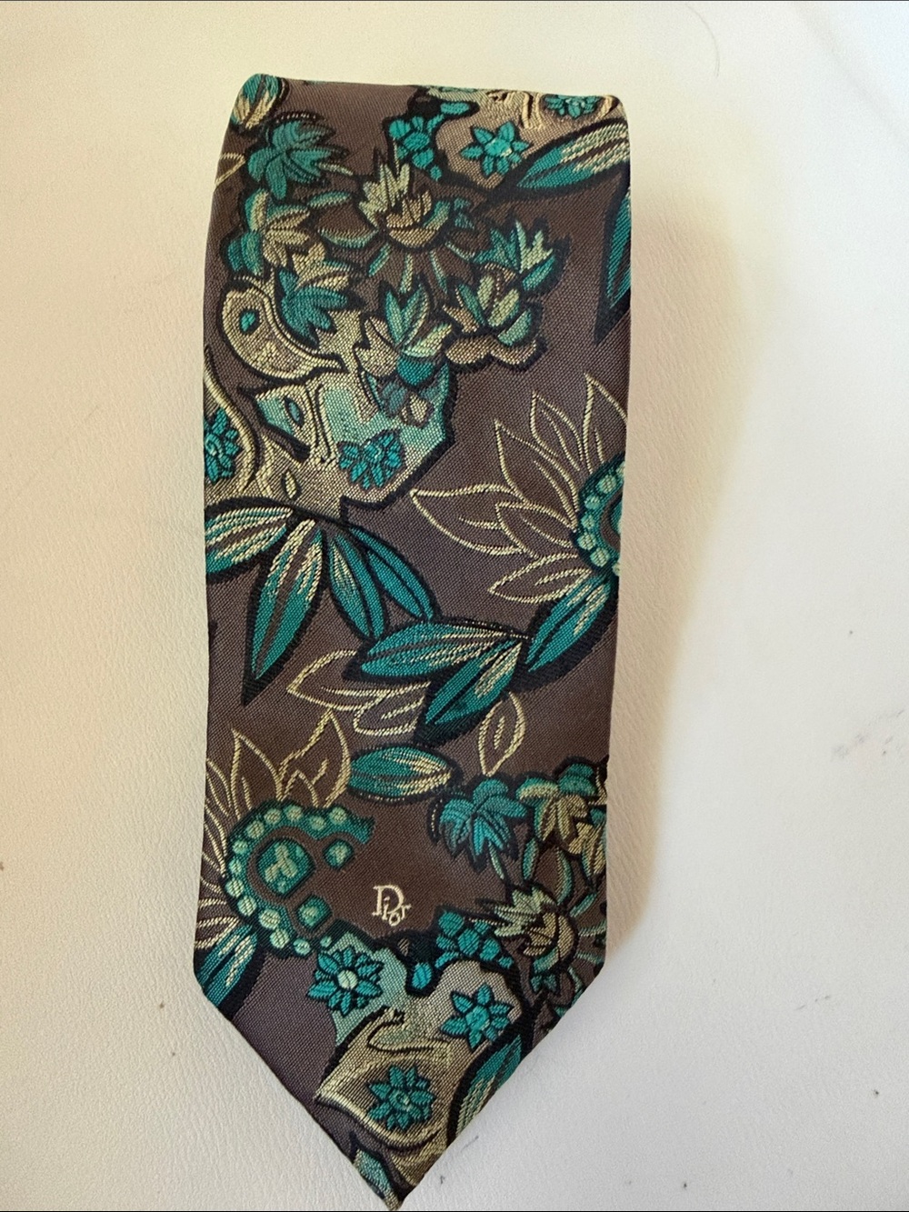 Dior Teal and Brown Silk Floral Tie with Gold Accents